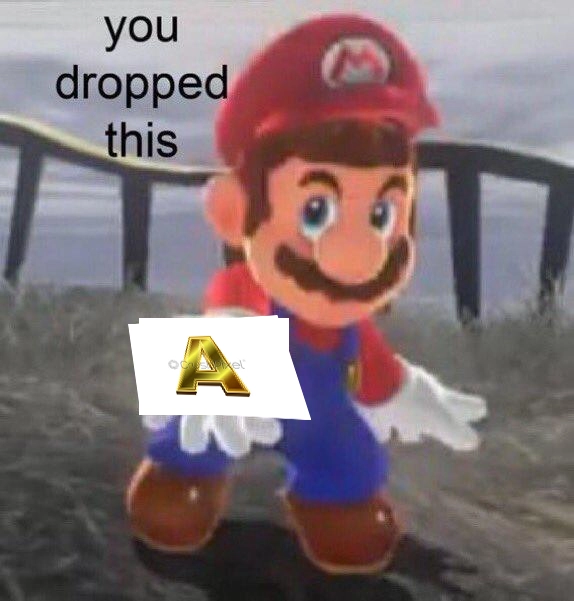 Mario holding up a cartoon letter 'a'